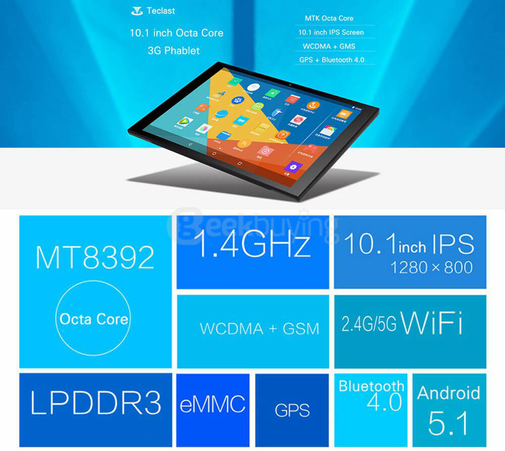 Teclast X10 3G Phablet 10.1 inch Android 5.1 1GB/16GB MTK8392 Octa Core 1.7GHz IPS 1280*800 GPS Bluetooth - Black