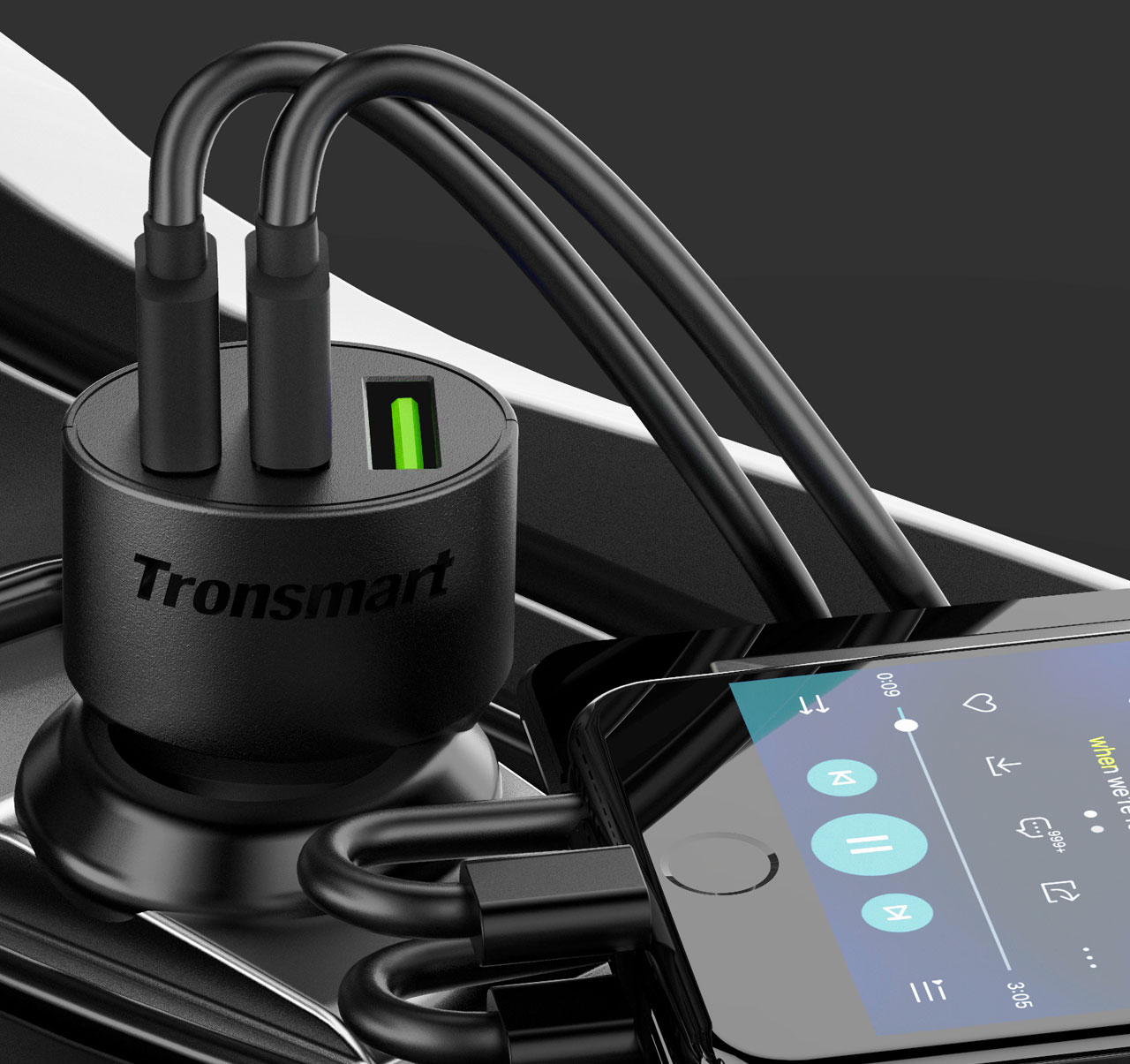 Tronsmart 3 Ports Quick Charge 3.0 Type A Car Charger for Quick Charge 3.0 and 2.0 Compatible Device