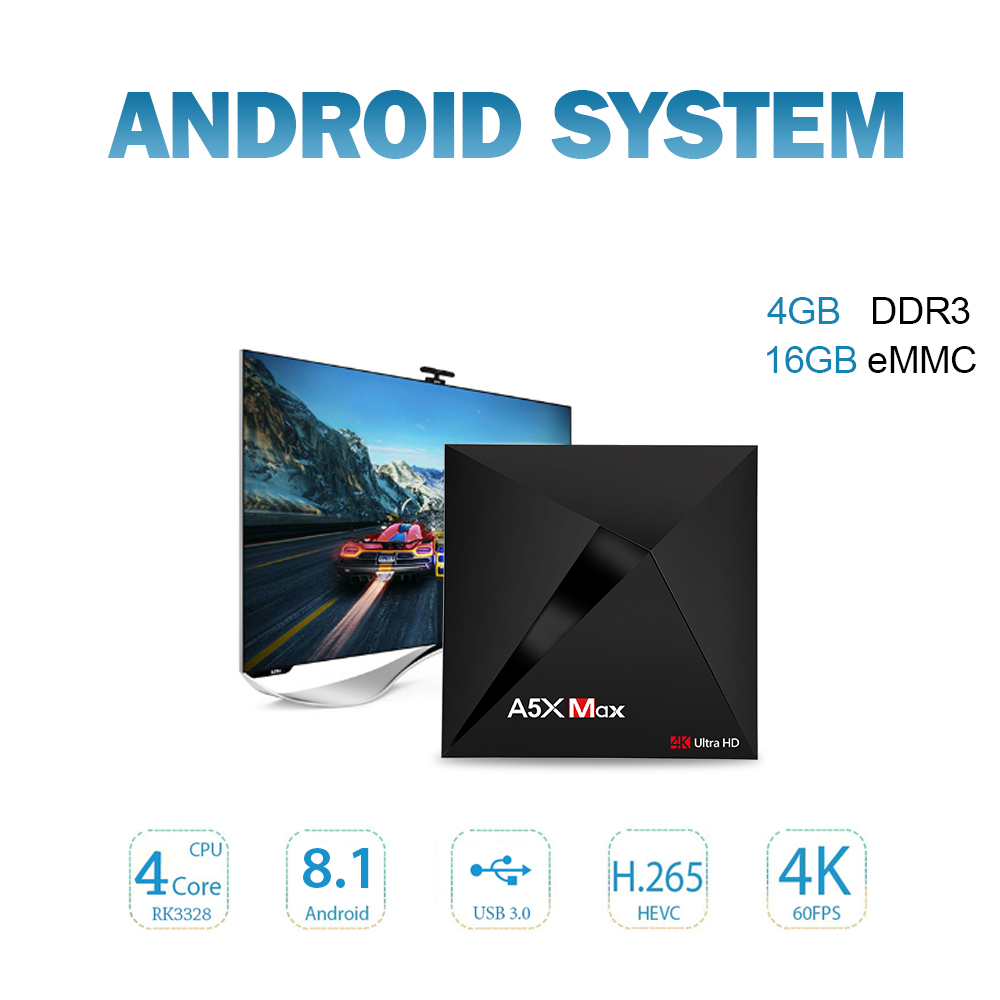 [Spain Stock]A5X MAX Android 8.1 Oreo KODI 17.3 4GB/16GB  RK3328 4K TV Box USB3.0 WIFI Bluetooth LAN VP9 H.265 HDMI