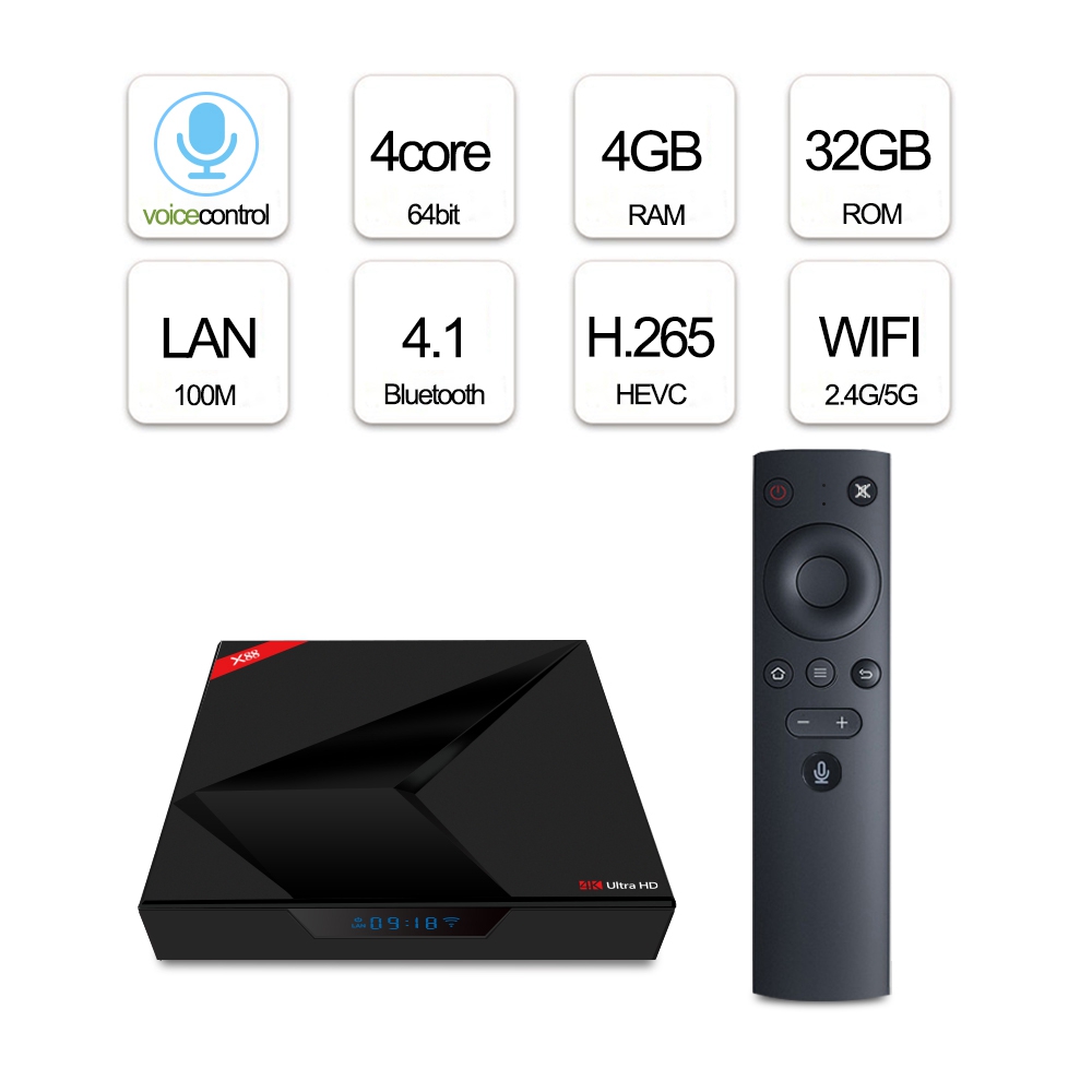 X88 Android TV OS 4GB/32GB RK3328 4K TV BOX with Voice Remote KODI 18.0 Dual Band WiFi Bluetooth Type-C USB3.0 VP9 H.265 LED Display