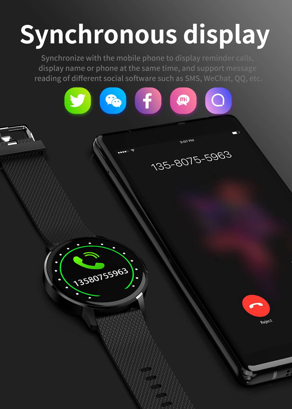 MAKIBES T4 Smart Watch 1.22 Inch Blood Pressure Heart Rate Monitor Fitness Tracker Silicone Strap - Black