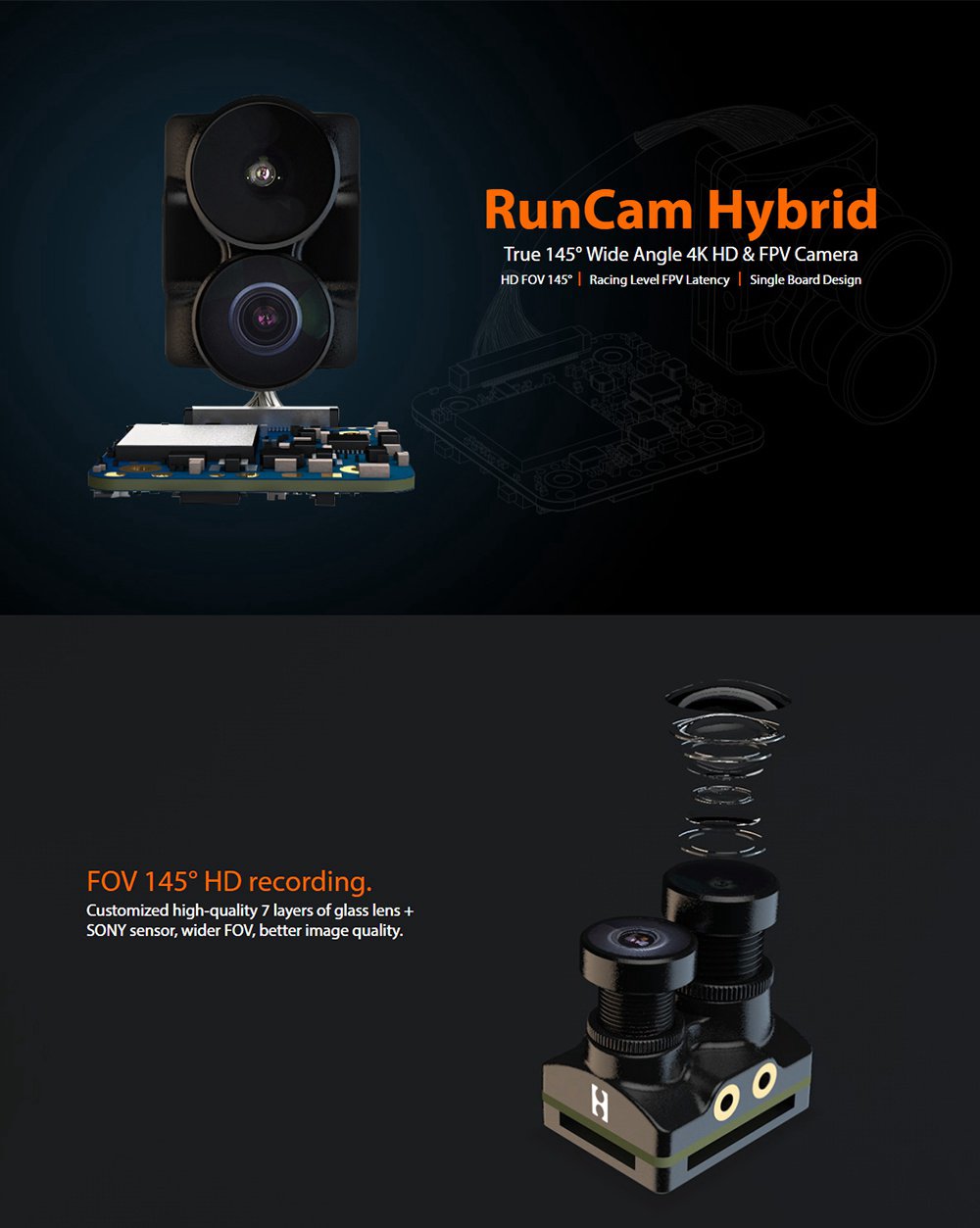 Runcam Hybrid 4k 30fps Dual Lens Fpv Camera For Racing Drone Black