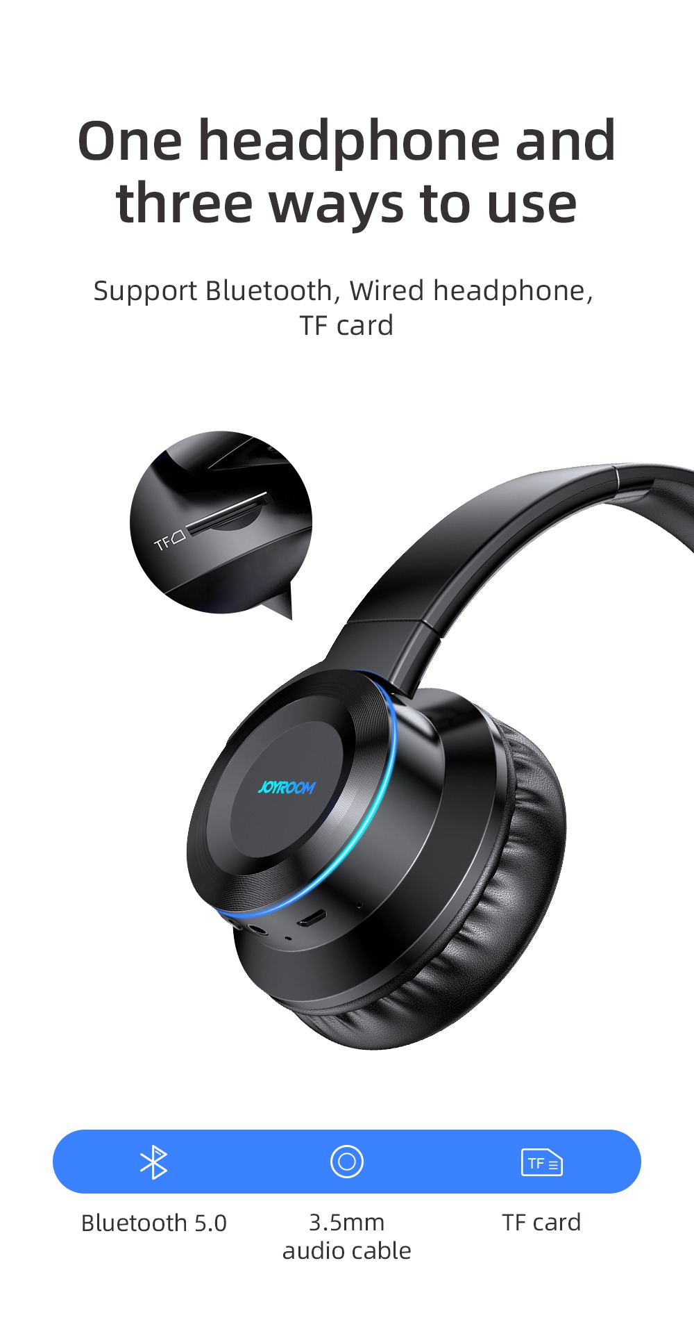 JOYROOM JR-H16 3.5mm Bluetooth 5.0 Headset CVC 6.0 1000mAh Battery 40mm Iron Driver Unit