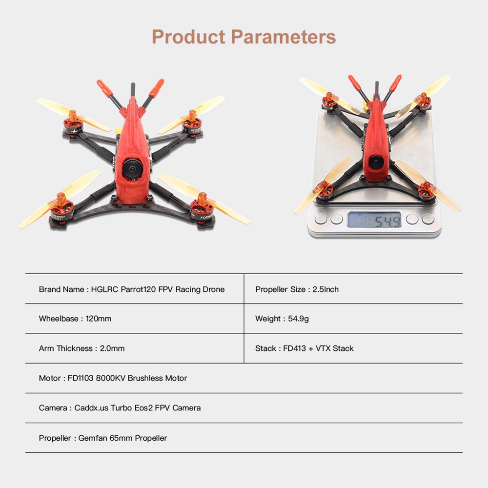 HGLRC Parrot120 2.5 Inch 2-3S Toothpick FPV Racing Drone FD411 OSD 13A 5.8G 400mW Caddx Turbo Eos2 Cam PNP - Without Receiver