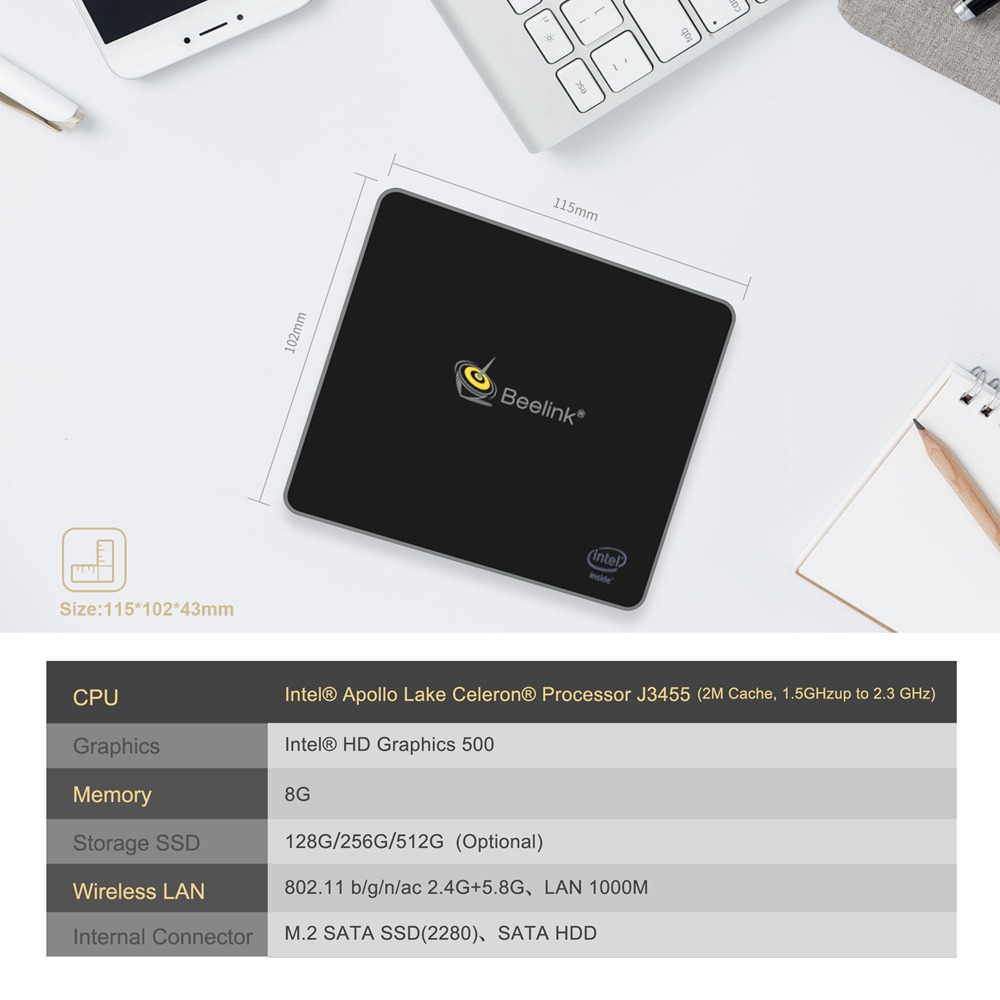 Beelink J34 Intel Apollo Lake J3455 Windows 10 Mini PC 8GB DDR3L 128GB SSD SATA HDD 2.4G+5G WiFi Gigabit Lan HDMI*2 USB3.0 *4 BC1.2 Fast Charging