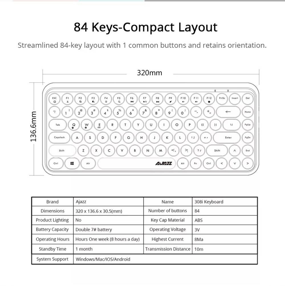 Ajazz 308i Bluetooth Wireless Keyboard 84 Classic Round Keys - Dazzle Colour