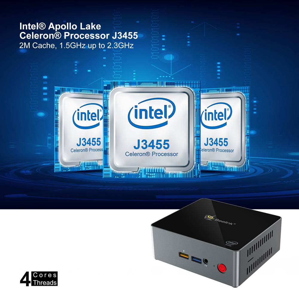 Beelink J34 Intel Apollo Lake J3455 Windows 10 Mini PC 8GB DDR3L 128GB SSD SATA HDD 2.4G+5G WiFi Gigabit Lan HDMI*2 USB3.0 *4 BC1.2 Fast Charging