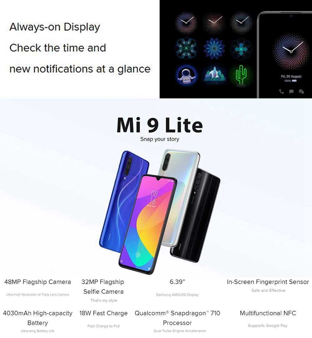Xiaomi Mi 9 Lite 6.39 Inch 4G LTE Smartphone Snapdragon 710 6GB 128GB 48.0MP+8.0MP+2.0MP Triple Rear Cameras Fingerprint ID Dual SIM MIUI 10 Global Version - Blue