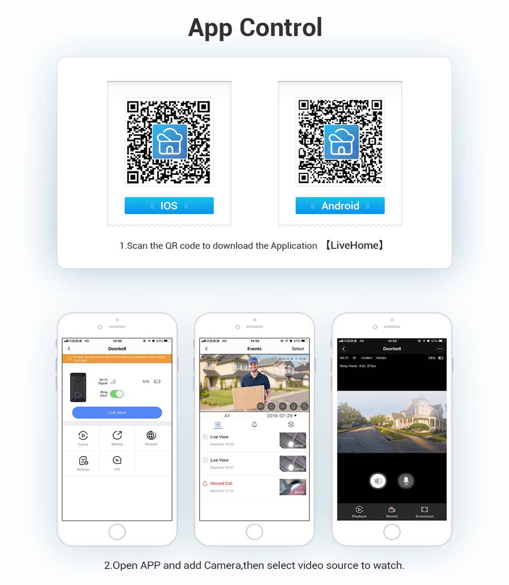 ESCAM V6 Network Smart Doorbell Security Monitoring Cloud Storage HD Camera - Include Chime And Battery