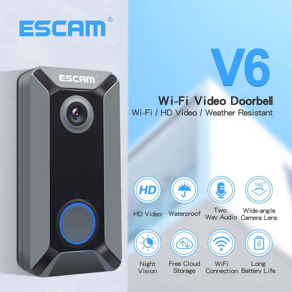 ESCAM V6 Network Smart Doorbell Security Monitoring Cloud Storage HD Camera - Include Chime And Battery