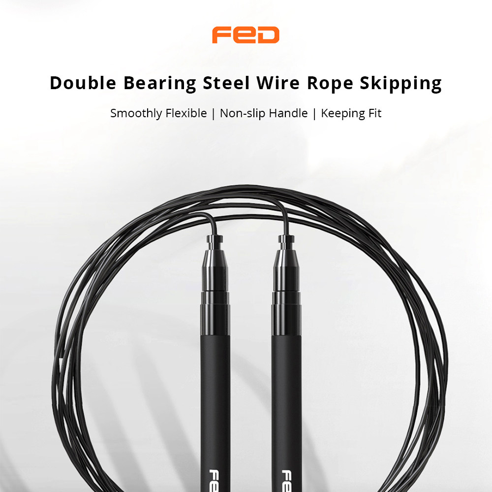 FED Double Bearing Steel Wire Rope Skipping Adjustable Speed Self-locking Design - Black