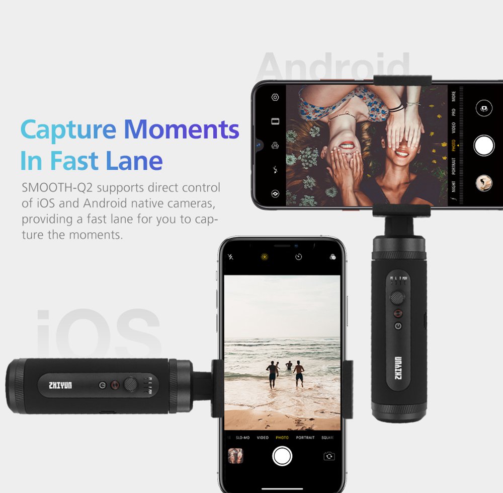 Zhiyun Smooth Q2 Pocket-Size 3-Axis Smartphone Gimbal Stabilizer With Quick Release Latch Dolly Zoom 17h Long Standby - Black