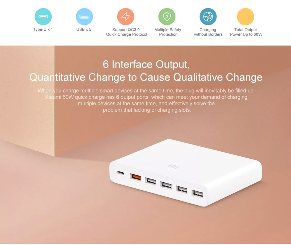 Xiaomi 60W Fast Charger Power Adapter 6 Ports Support QC 3.0 Quick Charge Protocal - White
