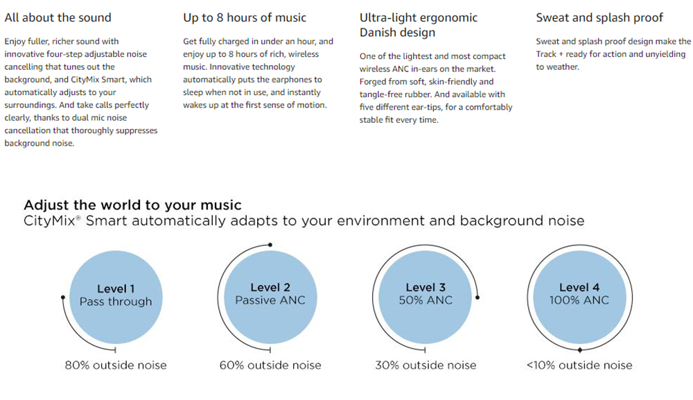 Libratone TRACK+ Bluetooth In-Ear Headphones CityMix Noise Cancelling Dual Mic 8 Hours Playtime IPX4