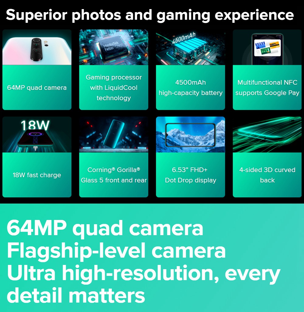 Xiaomi Redmi Note 8 Pro 6.53 Inch 4G LTE Smartphone MTK Helio G90T 6GB 64GB 64.0MP+8.0MP+2.0MP+2.0MP Quad Rear Cameras 4500mAh Battery MIUI 10 Fingerprint - Green