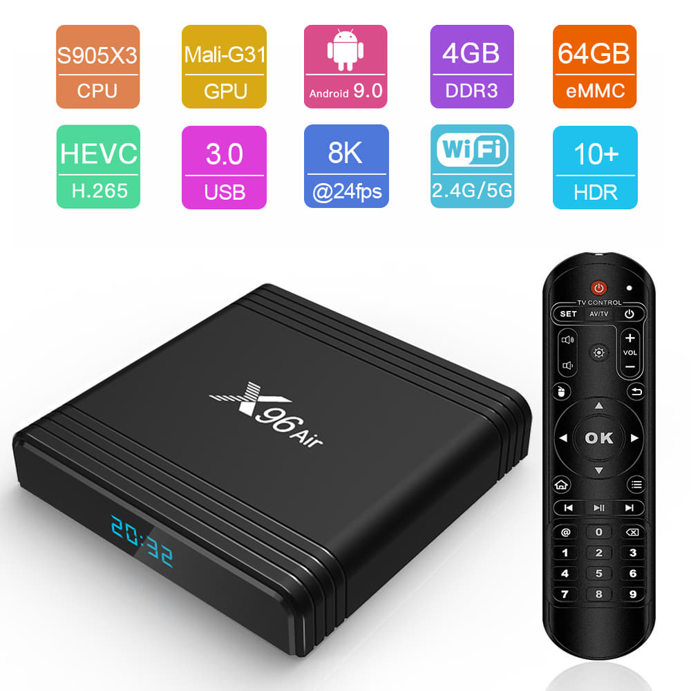 X96 Air Amlogic S905x3 8K Video Decode TV Box 4GB/32GB 2.4G+5.8G WiFi Bluetooth 100Mbps LAN USB3.0