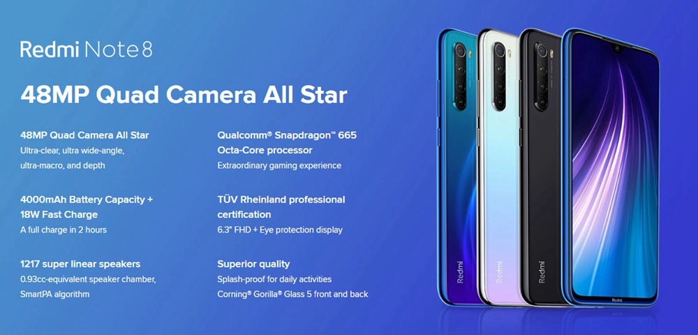Xiaomi Redmi Note 8 6.3 Inch 4G LTE Smartphone Snapdragon 665 6GB 64GB 48.0MP+8.0MP+2.0MP+2.0MP Quad Camera Fingerprint ID Dual SIM Android 9.0 - White