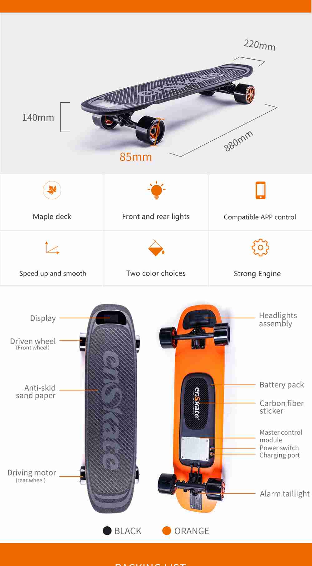 Enskate Woboard Electric Skateboard Max 35km/h With Remote Controller - Black + Orange