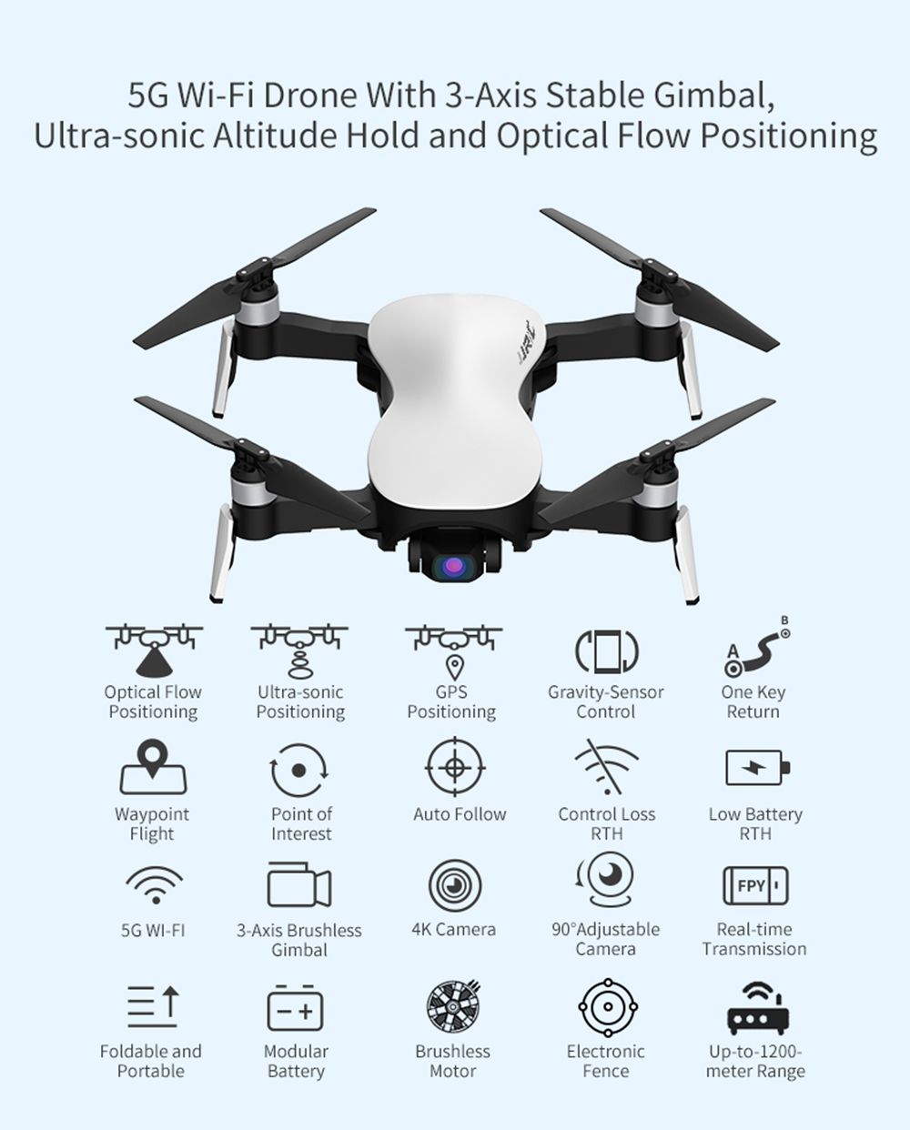 JJRC X12 AURORA 4K 5G WIFI 1.2km FPV GPS Foldable RC Drone With 3Axis Gimbal 50X Digital Zoom Ultrasonic Positioning RTF - White Two Batteries with Bag