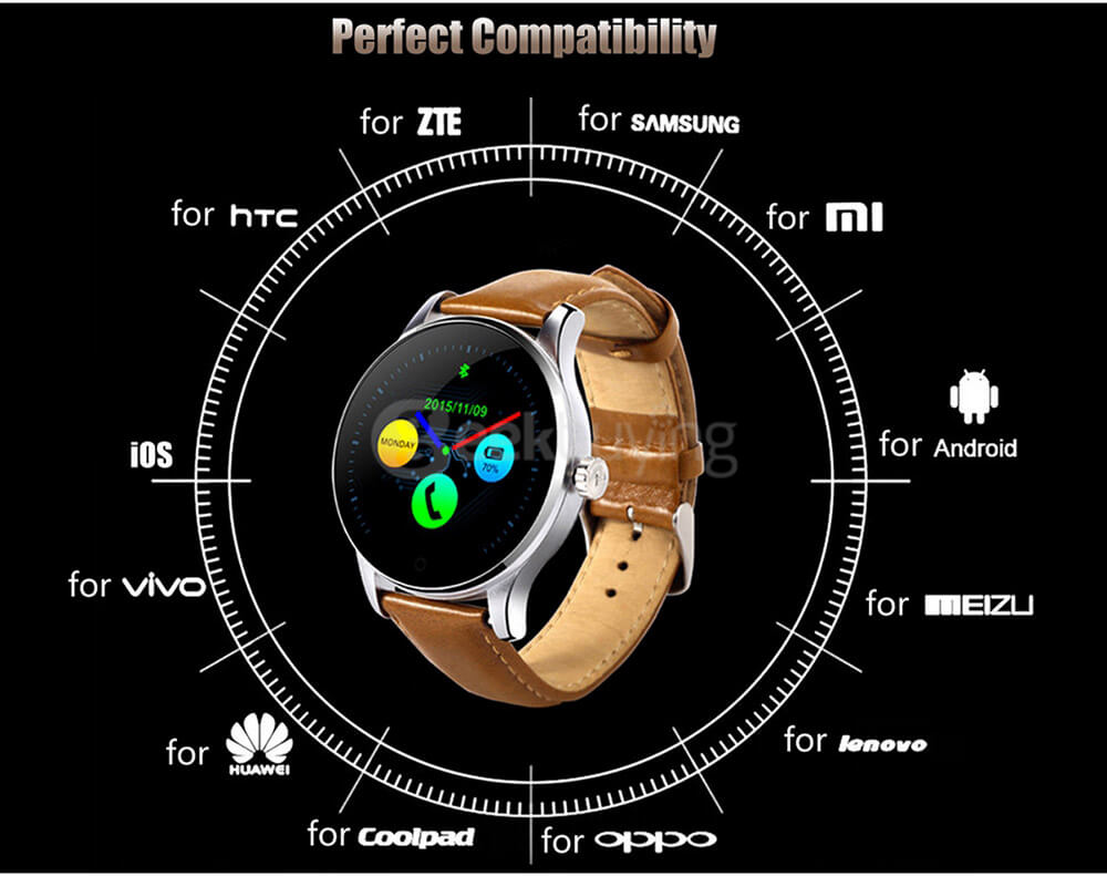 Makibes K88H Smart Bluetooth Watch Heart Rate Monitor Smartwatch MTK2502 Siri Function Gesture Control For iOS Andriod (Leather Band) - Black