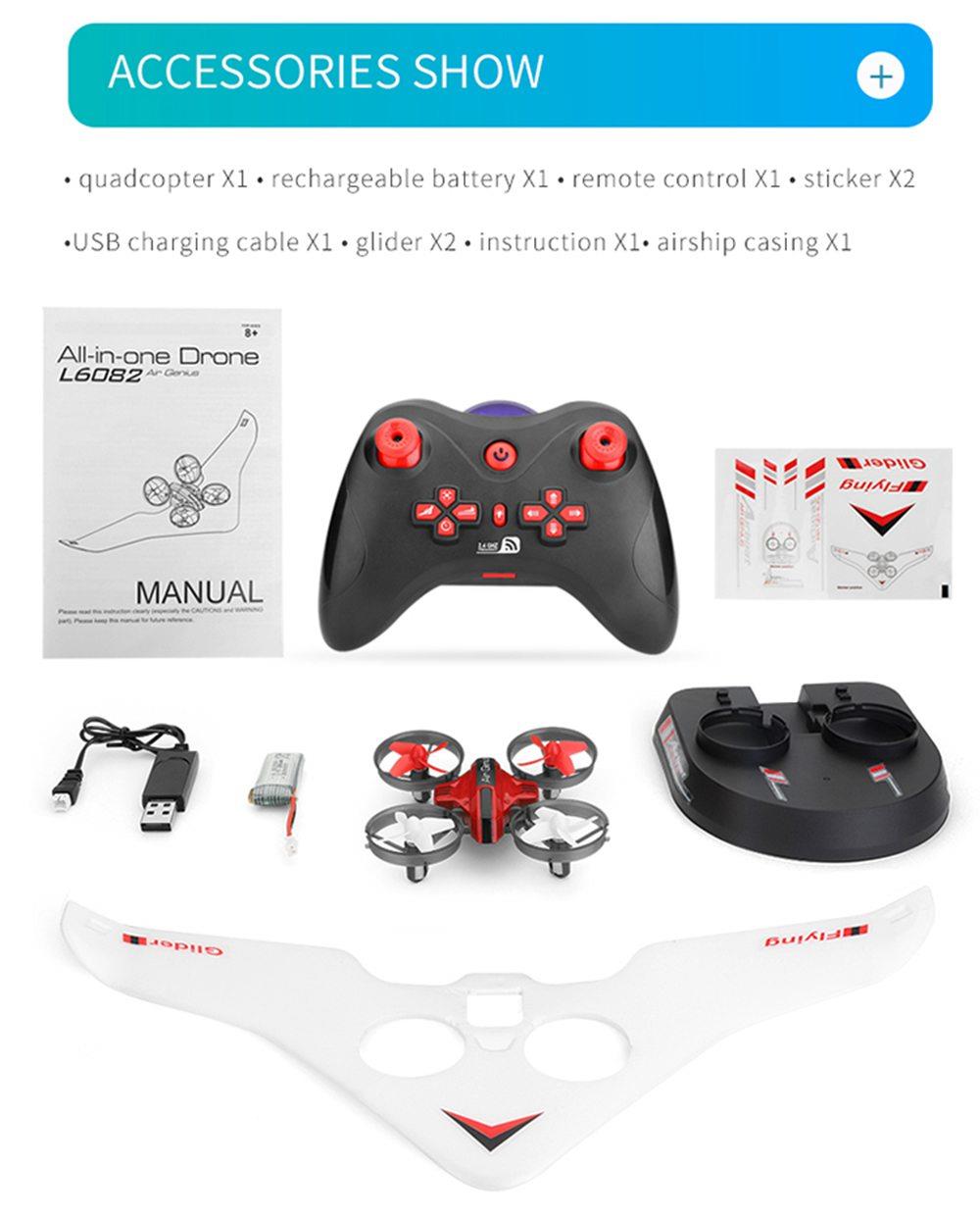 L6082 Air Genius RC Quadcopter Airplane Tiny Whoover All-In-One DIY 2.4G RC Drone For Kids Gift RTF Red - Three Batterie Version