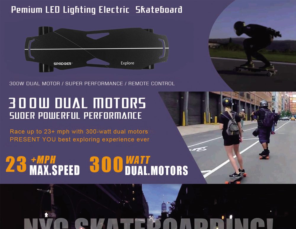 SPADGER X6 Electric Skateboard Double 300W Mortor Max 35km/h With Remote Control - Black