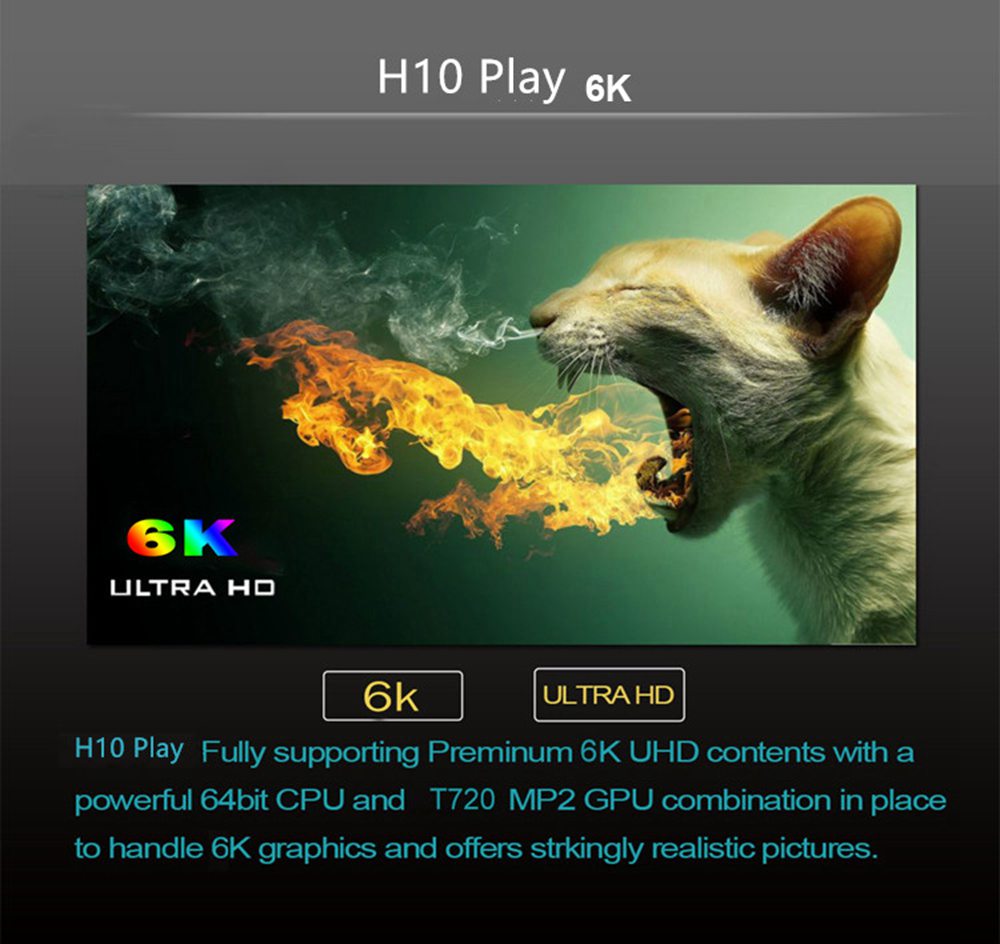 H10 Play Allwinner H6 Android 9.0 6K TV Box 2GB/16GB USB3.0 WiFi LAN Youtube Netflix AirPlay - Black