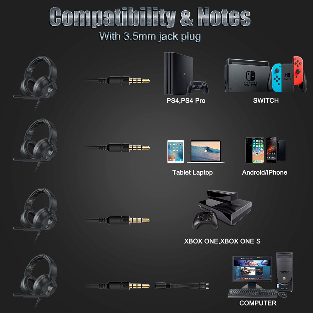Onikuma K19 3.5mm Audio+USB Gaming Headphones HD Stereo RGB Light Built-in Mic for Switch Xbox one PS4