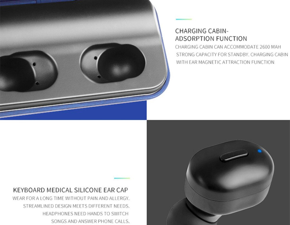 T1 Pro Bluetooth 5.0 TWS Earbuds Unilateral Use 2200mAh Charging Box Siri Binaural Call Titanium Film Drivers IPX6