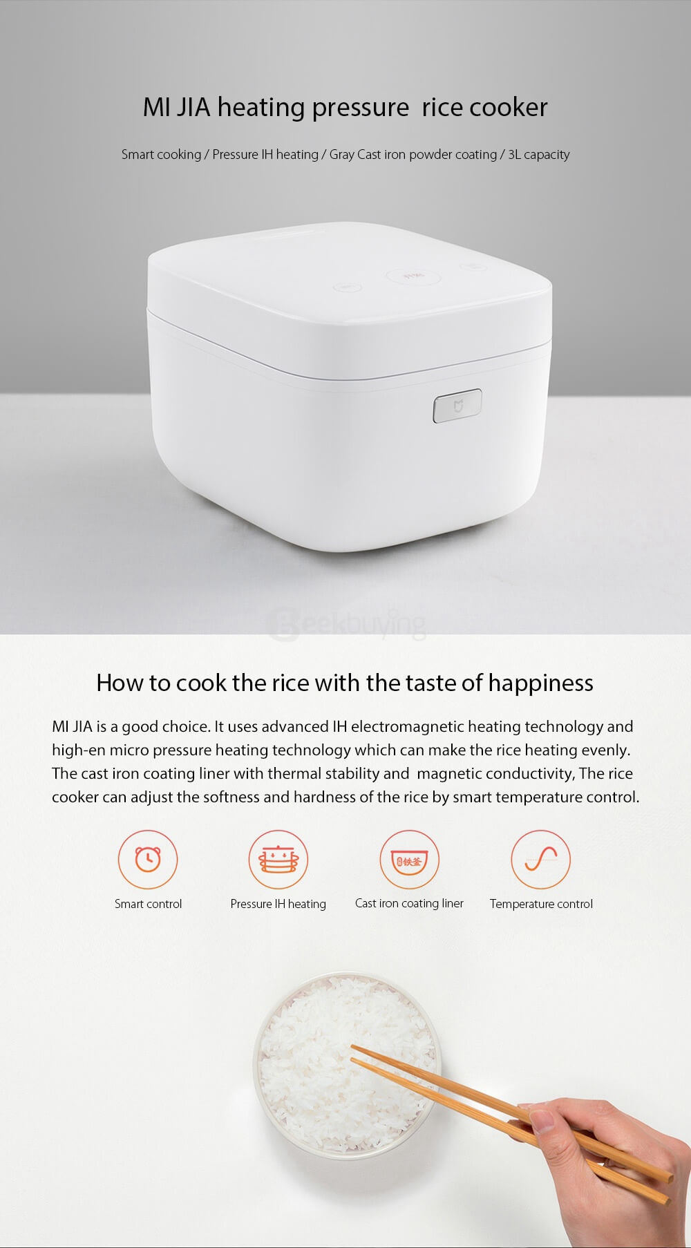 Original Xiaomi Mi Rice Cooker Mi Jia Induction Heating Pressure Rice Cooker Smart Control Ih Heating 3.0L Capacity - White