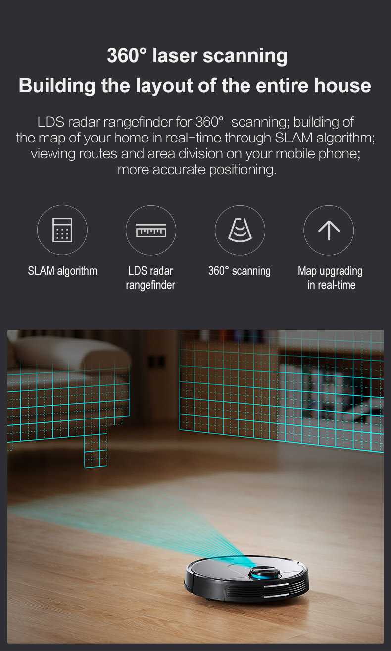 Xiaomi VIOMI V2 Robot Vacuum Cleaner 2150Pa Suction 3 Cleaning Mode LDS Sensor APP Virtual Wall Self-charging - Gray