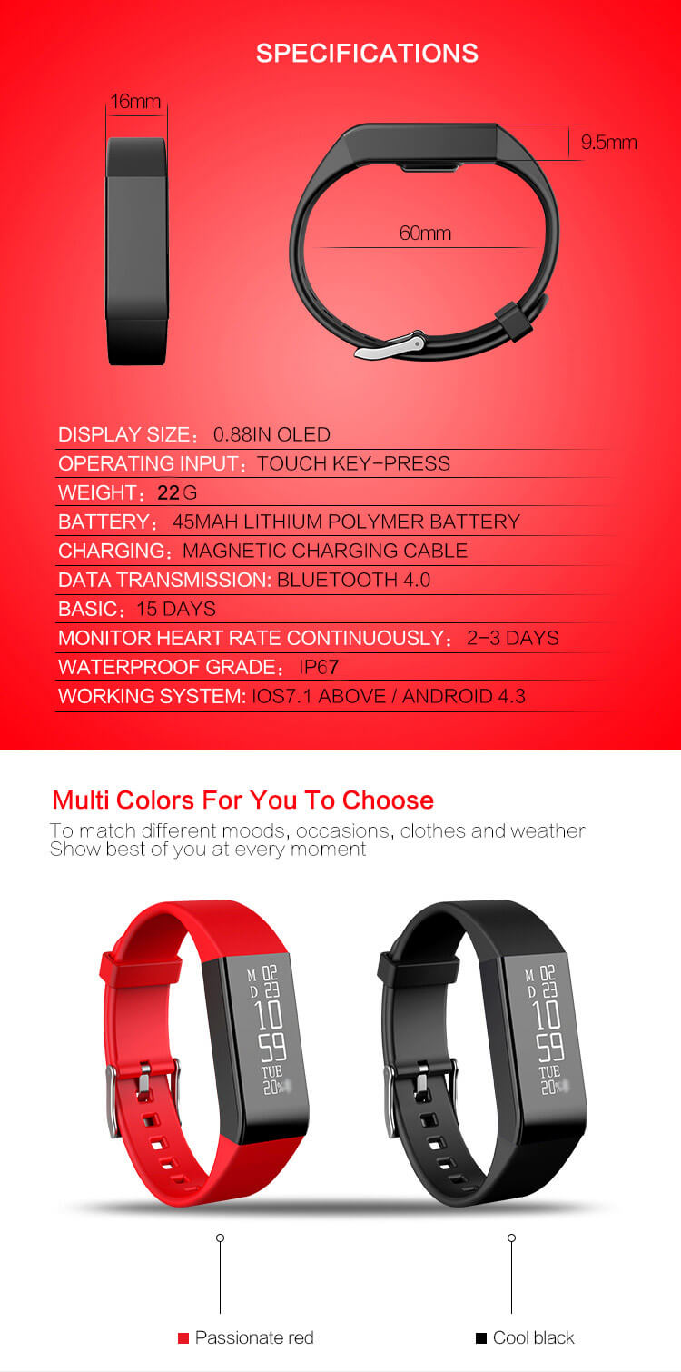 Vidonn A6 Heart Rate Monitor Bluetooth Smart Bracelet IP65 Sports Fitness Tracker Sleep Monitor Call / SMS Reminder For iOS Android - Red