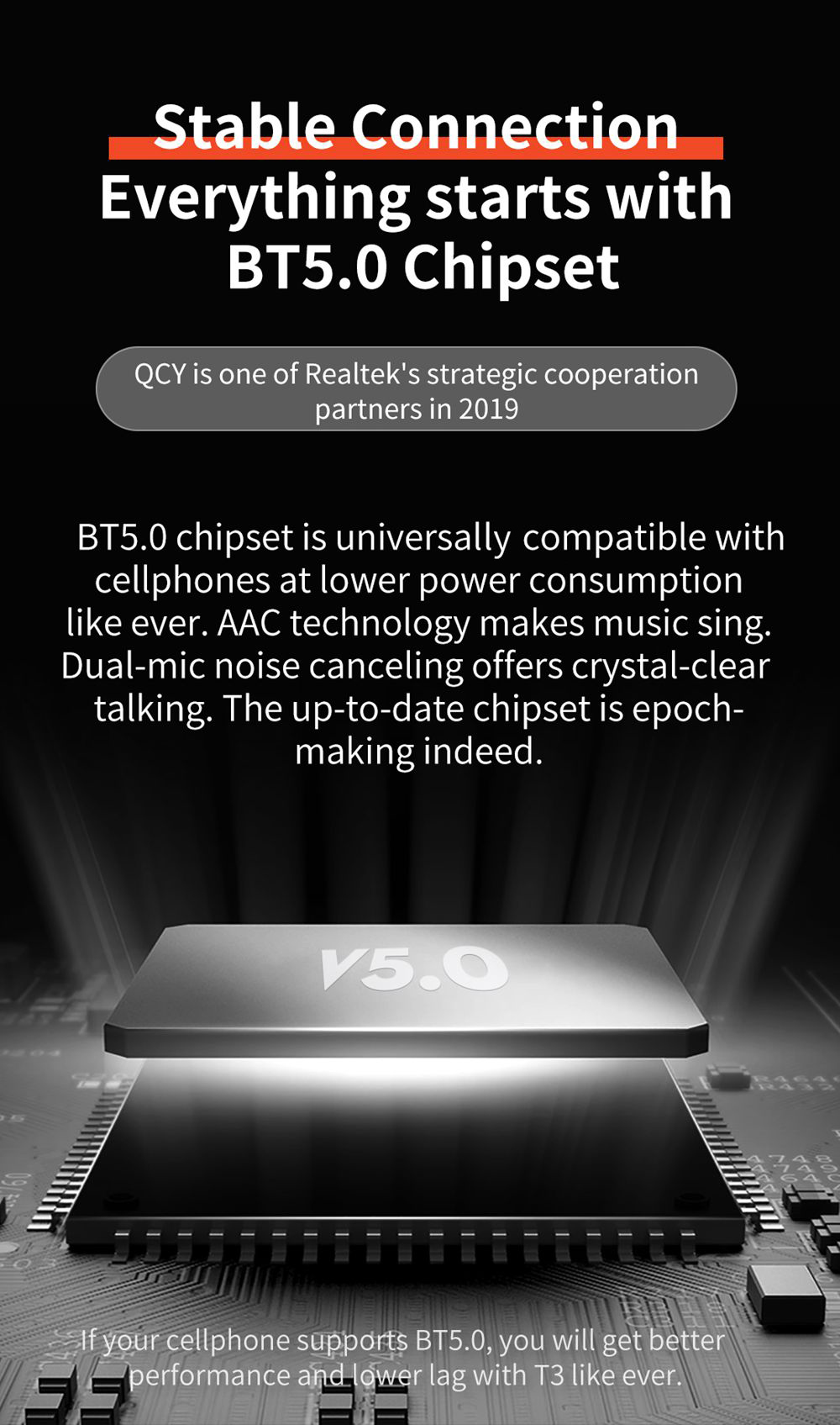 QCY T3 Bluetooth 5.0 TWS Earphones 3D Stereo 25 Hours Battery Life IPX5 Stereo/Mono Mode AAC/SBC Tech