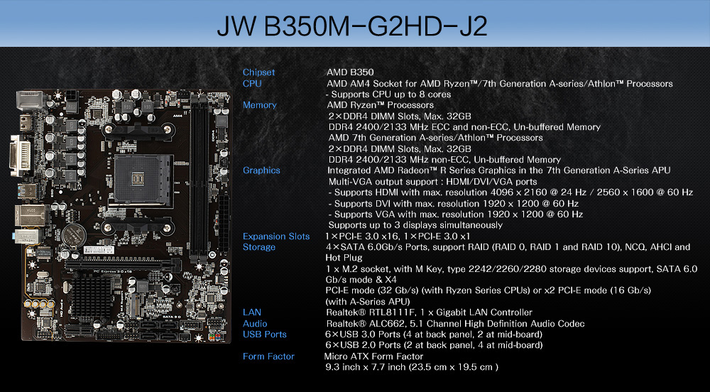 J&W B350M-G2HD-J2 AMD B350 DDR4 Desktop Motherboard Socket AM4 Board For Computer Motherboard With HDMI DVI-D VGA Interfaces - Black