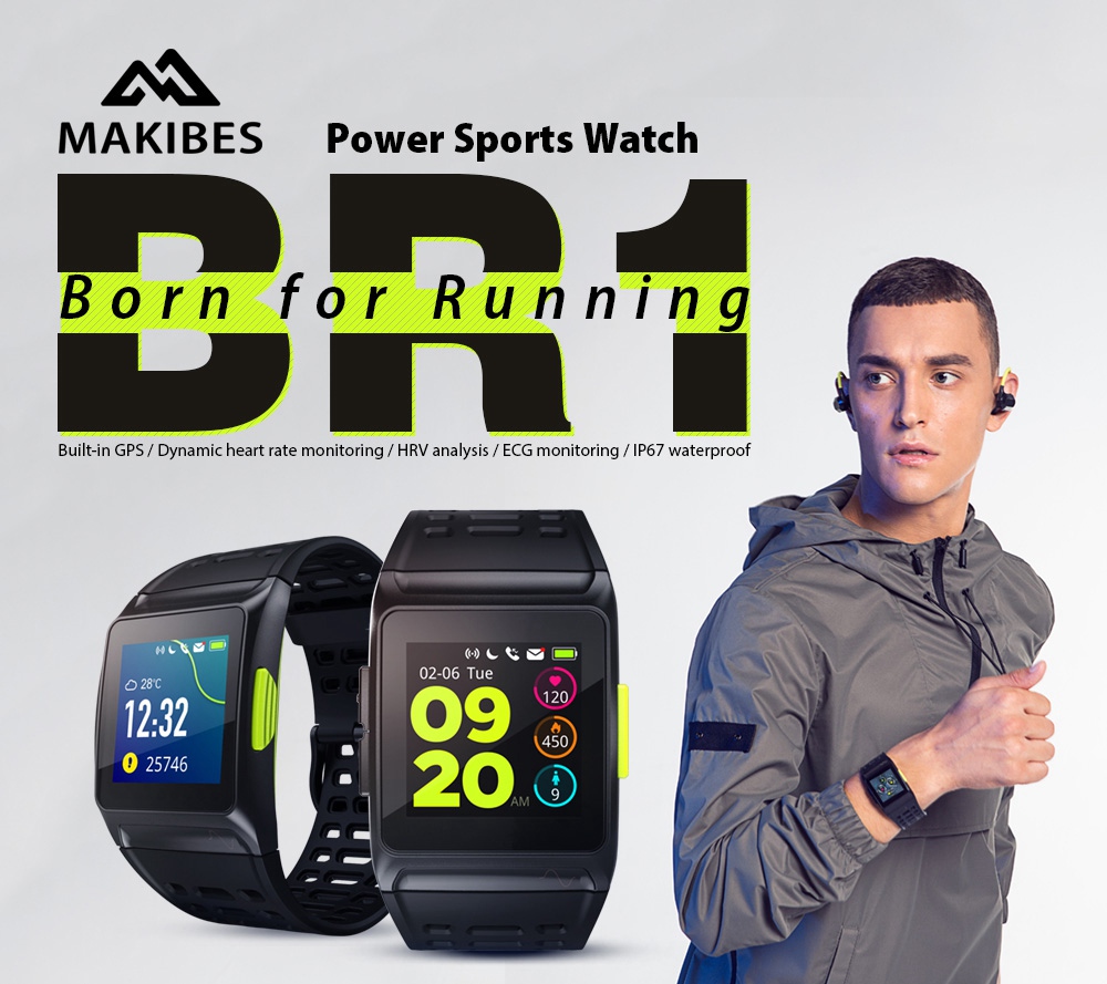Makibes BR1 Smartwatch Heart Rate Monitor GPS IP67 Water Resistant Multisport Smart Band IPS Color Touchscreen - Black