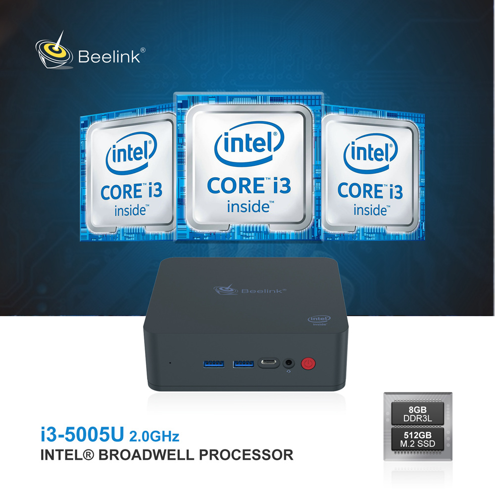 Beelink U55 Intel Core I3-5005U 8G RAM/512G Mini PC SSD 2.4G+5G WIFI Bluetooth 1000Mbps LAN 2xHDMI