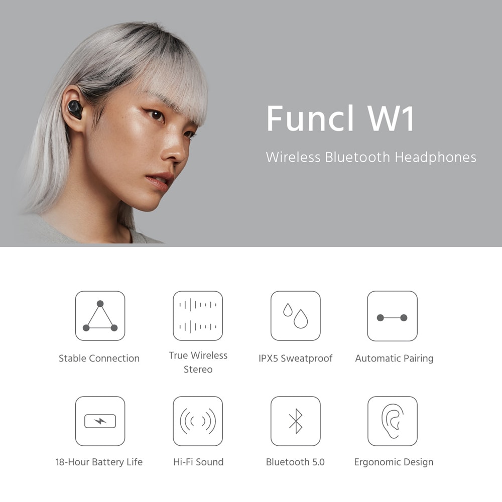 Funcl W1 TWS Bluetooth 5.0 Earphones Binaural Call HiFi Stereo Sound Voice Assistant 360mAh Battery