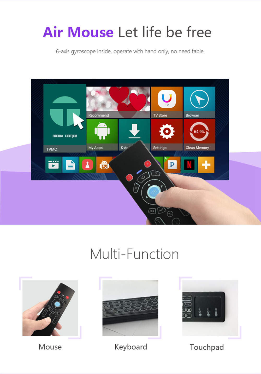 T6 2.4GHz Air Mouse 3-Gyro + 3-Gsensor with Wireless Keyboard & Touchpad 7 color for SmartTV TV Box Mini PC Projector - Black