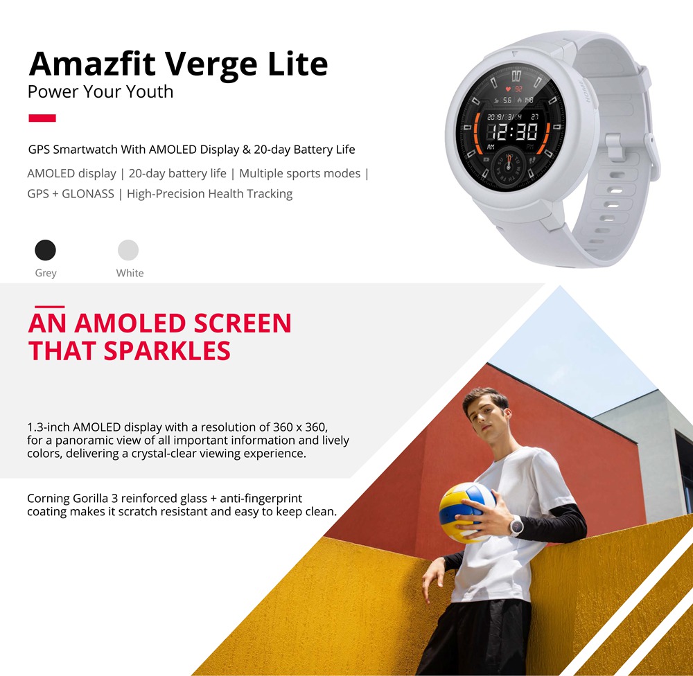 Huami AMAZFIT Verge Lite Smartwatch 20 Days Battery Life 1.3 Inch AMOLED Screen Built-in GPS Heart Rate Monitor Global Version - Deep Gray