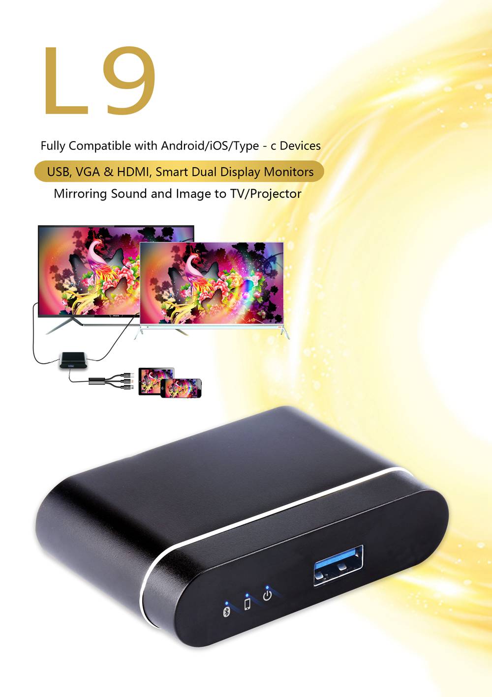 WeCast L9 VGA & HDMI Dual Display Screen Projector Fully Compatible with Android/iOS/Type - C Devices USB Mirroring Sound and Image to TV
