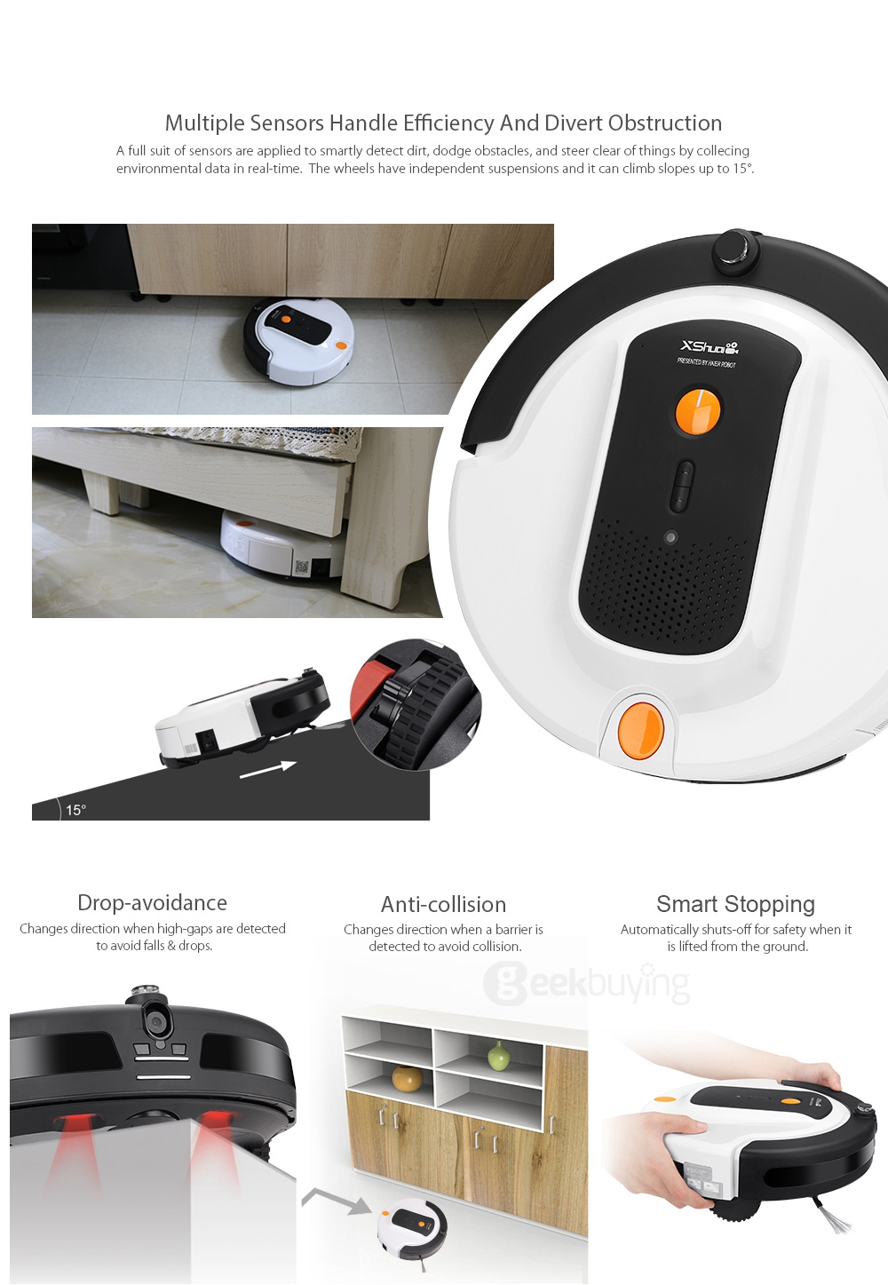 [HK Stock]Haier XShuai ShuaiXiaoBao Robot Vacuum Cleaner 3-cleaning Modes 4-step Cleaning System P2P Video App Control Night Vision HEPA Filter Multilanguage - Black + White