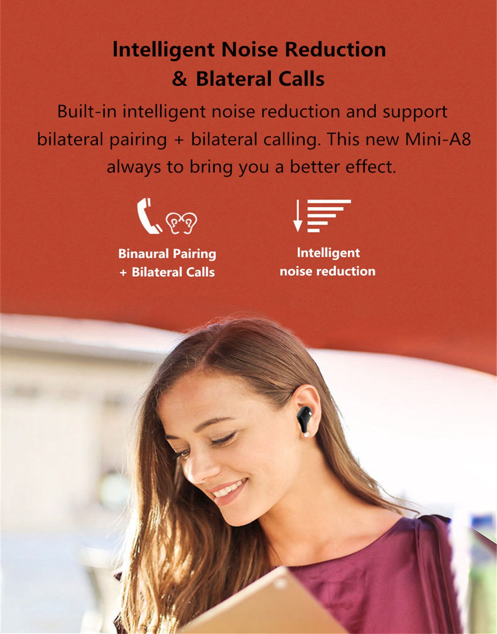 BINANI Mini A8 HiFi Bluetooth V5.0 Earbuds IPX5 Water Resistant 700 mAh Charging Box  -  Yellow