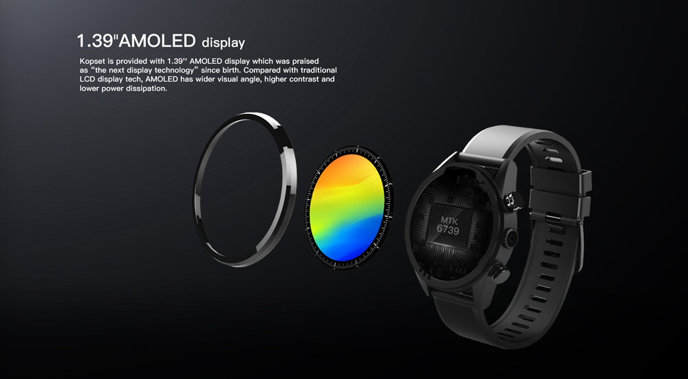 Kospet Hope 4G Smartwatch Phone Android 7.1 MTK6737 Quad Core 3G RAM 32G ROM 1.39 inch AMOLED Screen GPS WiFi Heart Rate Monitor Silicone Strap - Black