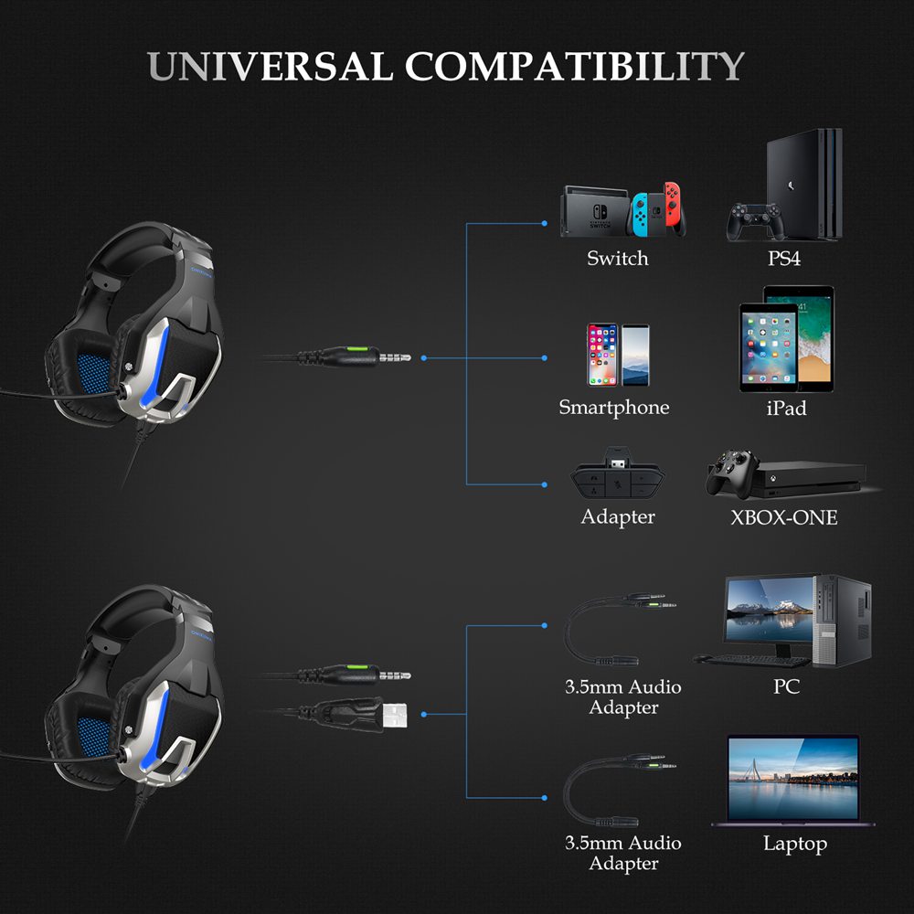 Onikuma K12 3.5mm Audio+USB Gaming Headset LED Light Noise Reduction for PS4/Switch/XBOX One/PC
