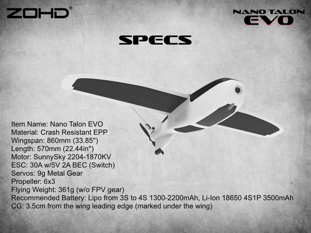 ZOHD Nano Talon EVO 860mm Wingspan AIO V-Tail EPP Molded FPV Fixed Wing RC Airplane PNP With Power System - W/O FPV System