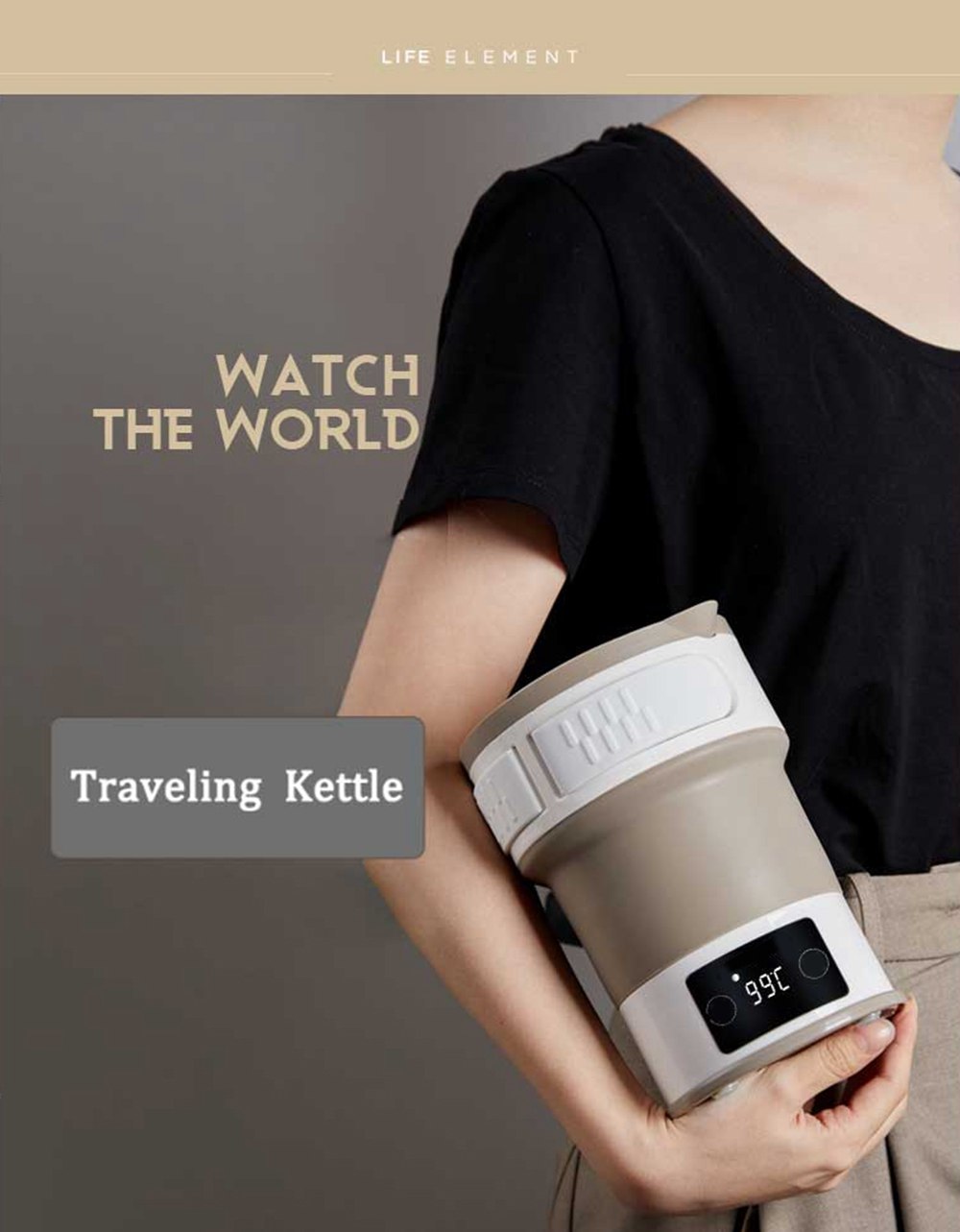 Life Element i25 Electric Folding Kettle 600ML Portable Ultrathin Boil Dry Protection For Travel - khaki