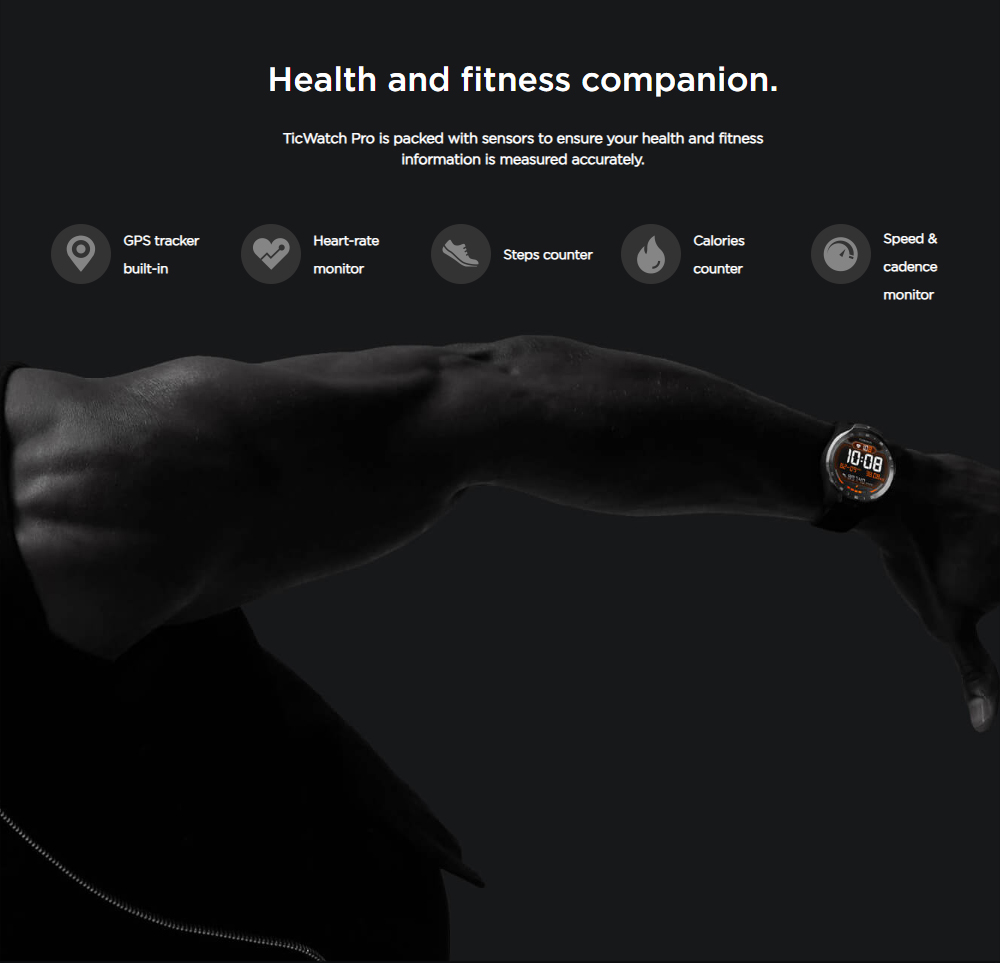 Ticwatch PRO Smart Watch 1.4 Inch OLED/LED Double Screens Heart Rate Monitor IP68 Built-in GPS Google Pay - Black