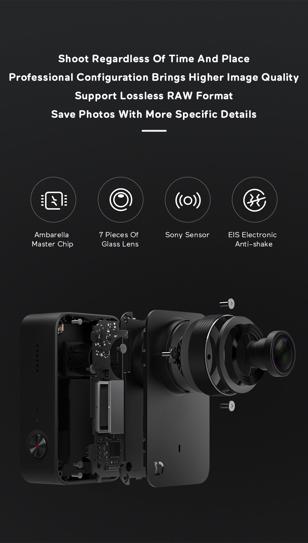 Xiaomi Mijia Ambarella A12S75 Sony IMX317 2.4inch Touch Screen 4K Action Camera 7p Lens EIS 6-axis 145 Degree Wide Angle 1450mAh Battery - Black