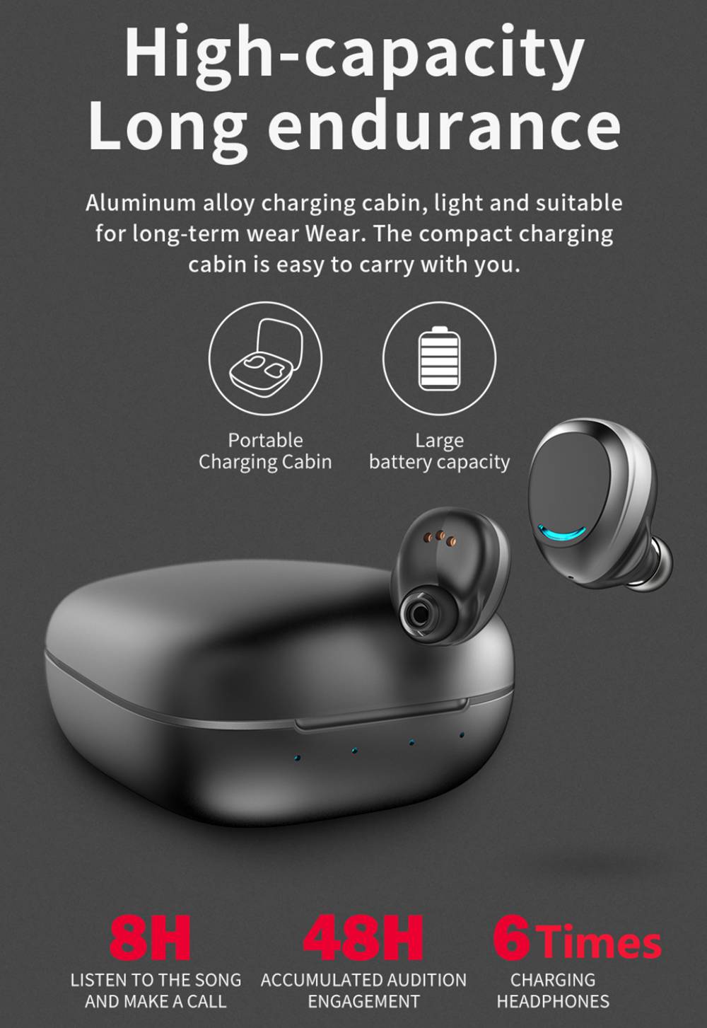 U9 Bluetooth 5.0 TWS IPX7 Earbuds Siri Binaural Call Touch Control 8 Hours Playtime Black