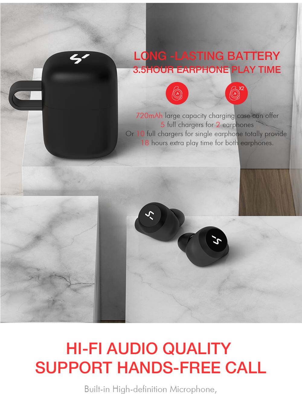 Havit G1 Bluetooth 5.0 TWS Earphone Fingerprint Touch 720mAh Charging Box Siri Google Assistant 18 hours Playtime Mono/Stereo Mode